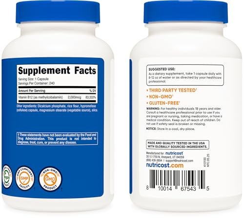 Nutricost Vitamin B12 (Methylcobalamin) 2000mcg, 240 Kapseln - Vegetarische Kapseln, Non-GMO, Glutenfrei B12 Nahrungsergänzung