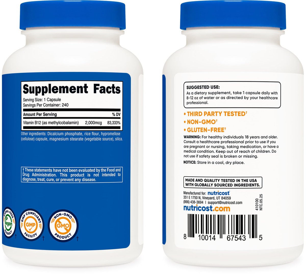 Nutricost Vitamin B12 (Methylcobalamin) 2000mcg, 240 Kapseln - Vegetarische Kapseln, Non-GMO, Glutenfrei B12 Nahrungsergänzung