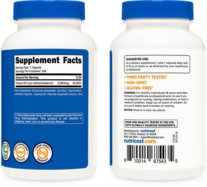 Nutricost Vitamin B12 (Methylcobalamin) 2000mcg, 240 Kapseln - Vegetarische Kapseln, Non-GMO, Glutenfrei B12 Nahrungsergänzung