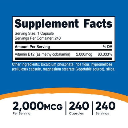 Nutricost Vitamin B12 (Methylcobalamin) 2000mcg, 240 Kapseln - Vegetarische Kapseln, Non-GMO, Glutenfrei B12 Nahrungsergänzung