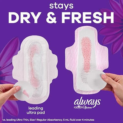 Always Radiant Damenbinden für Frauen, FlexFoam Binden mit Flügeln, Größe 5, Extra starke Nacht-Saugfähigkeit, leicht parfümiert, 54 Stück (3 Packungen à 18)