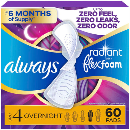 Always Radiant Damenbinden mit Flügeln, FlexFoam, Größe 4, Übernacht-Saugfähigkeit, leicht parfümiert, 60 Stück (3 Packungen à 20)