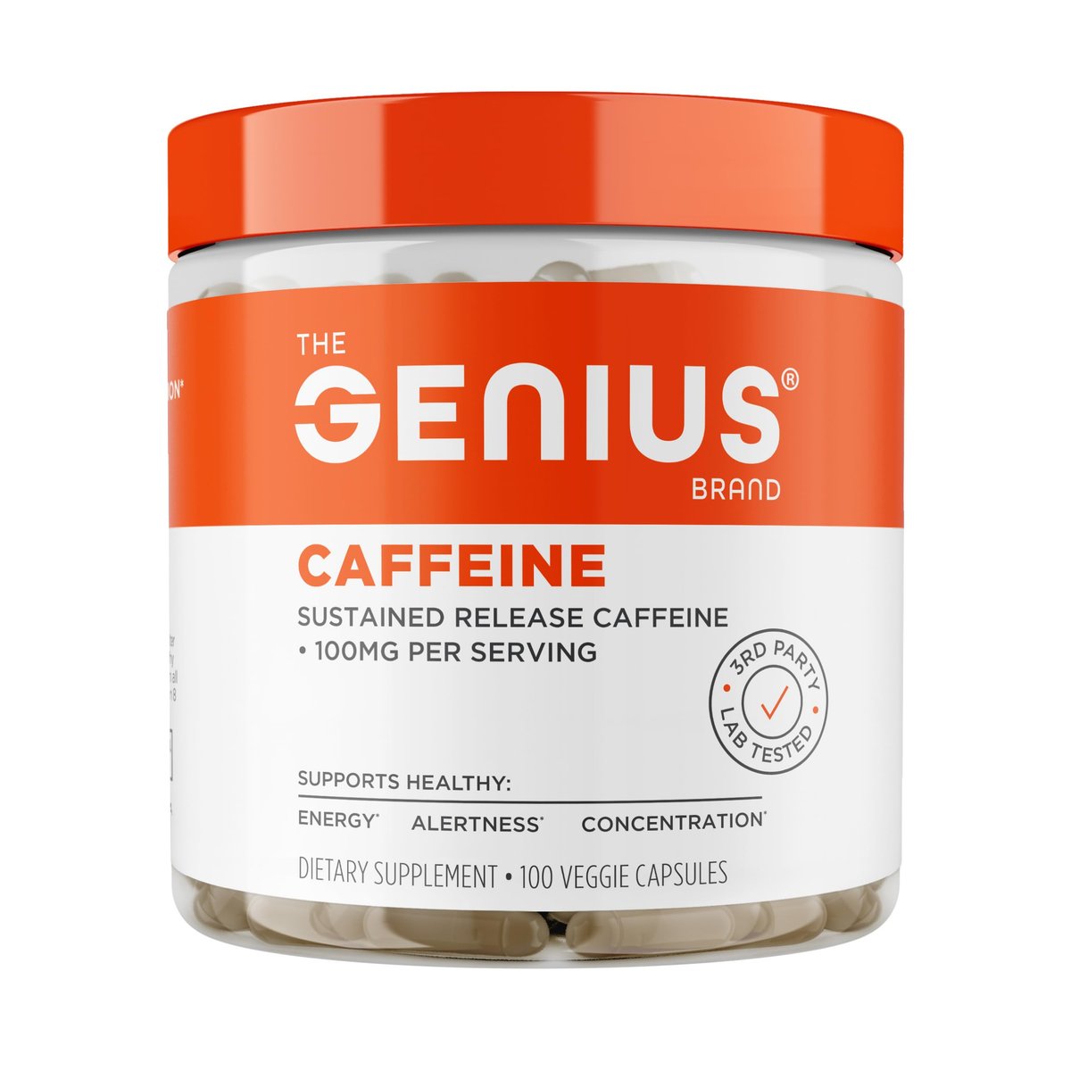 Genius Caffeine – Mikroverkapselte Koffeinkapseln mit verzögerter Freisetzung für sanfte, langanhaltende Energie und Konzentration – ohne Zittern oder Crash – 100 mg pro Kapsel – 100 Portionen – Natürlicher Leistungsbooster