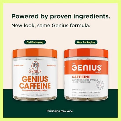 Genius Caffeine – Mikroverkapselte Koffeinkapseln mit verzögerter Freisetzung für sanfte, langanhaltende Energie und Konzentration – ohne Zittern oder Crash – 100 mg pro Kapsel – 100 Portionen – Natürlicher Leistungsbooster