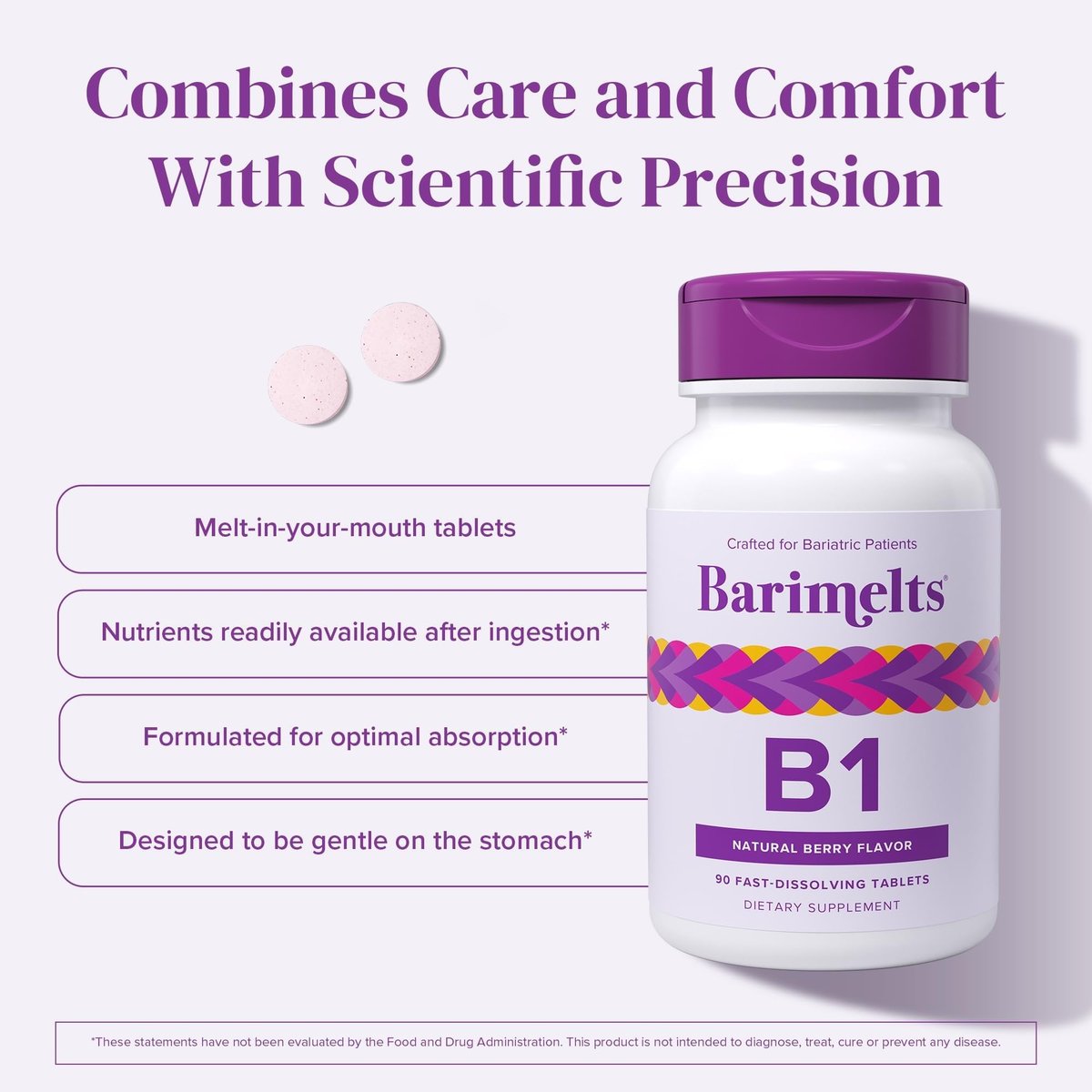 BariMelts Vitamin B1, 90 schnell lösliche Tabletten (3-Monatsvorrat), zuckerfreie bariatrische Vitamine für Frauen, natürlicher Beerengeschmack