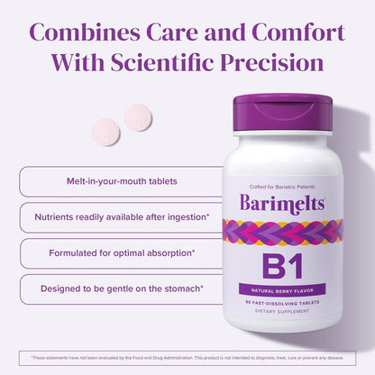 BariMelts Vitamin B1, 90 schnell lösliche Tabletten (3-Monatsvorrat), zuckerfreie bariatrische Vitamine für Frauen, natürlicher Beerengeschmack