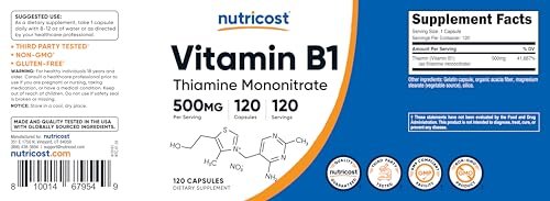 Nutricost Vitamin B1 (Thiamin) 500mg, 120 Kapseln – Hochdosiertes Nahrungsergänzungsmittel