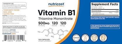 Nutricost Vitamin B1 (Thiamin) 500mg, 120 Kapseln – Hochdosiertes Nahrungsergänzungsmittel