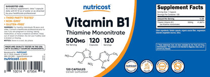 Nutricost Vitamin B1 (Thiamin) 500mg, 120 Kapseln – Hochdosiertes Nahrungsergänzungsmittel