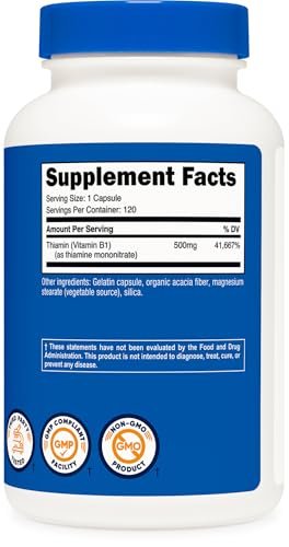 Nutricost Vitamin B1 (Thiamin) 500mg, 120 Kapseln – Hochdosiertes Nahrungsergänzungsmittel