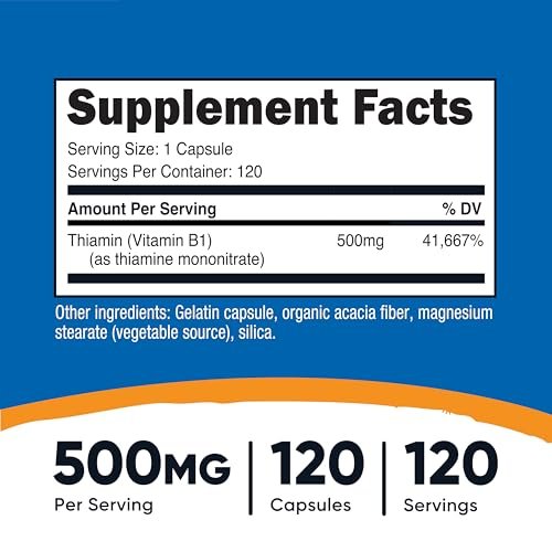 Nutricost Vitamin B1 (Thiamin) 500mg, 120 Kapseln – Hochdosiertes Nahrungsergänzungsmittel