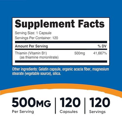 Nutricost Vitamin B1 (Thiamin) 500mg, 120 Kapseln – Hochdosiertes Nahrungsergänzungsmittel