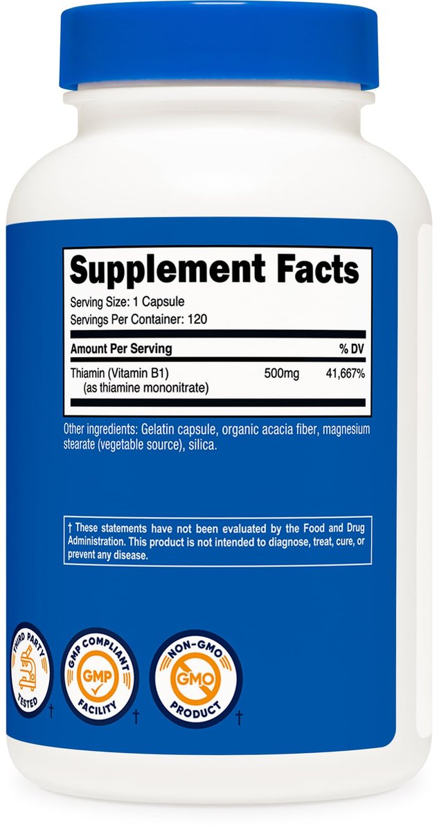 Nutricost Vitamin B1 (Thiamin) 500mg, 120 Kapseln – Hochdosiertes Nahrungsergänzungsmittel