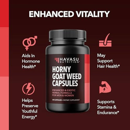 Horny Goat Weed Kapseln für Männer und Frauen – Extra starke Leistungs- und Energieunterstützung mit Tongkat Ali, Muira Puama und Sägepalme – 1 Monatsvorrat pflanzliches Nahrungsergänzungsmittel für erhöhte Ausdauer