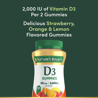 Nature's Bounty Vitamin D3 Gummis – 2000 IE pro Portion, 90 Stück, gemischter Fruchtgeschmack, unterstützt die Immunabwehr