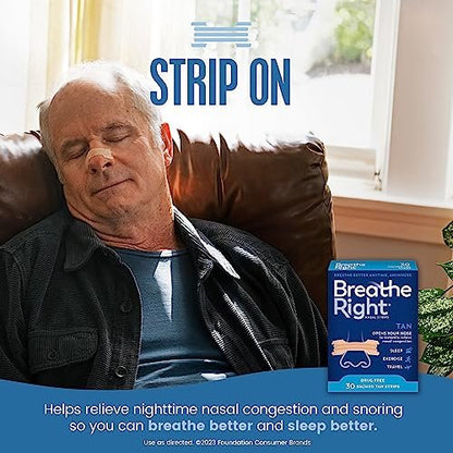 Breathe Right Nasal Strips Extra Stärke Tan Nasenpflaster, Medikamentenfreie Nasenentlastung für bessere Atmung, Hilft Schnarchen zu reduzieren, Verursacht durch Erkältungen & Allergien, Septumdeviation, Klein/Mittel