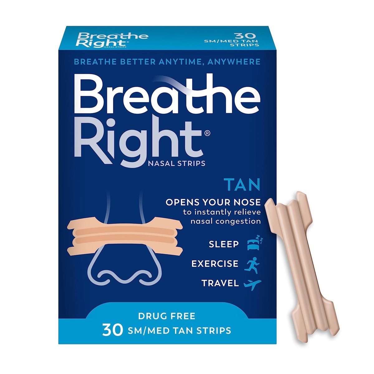 Breathe Right Nasal Strips Extra Stärke Tan Nasenpflaster, Medikamentenfreie Nasenentlastung für bessere Atmung, Hilft Schnarchen zu reduzieren, Verursacht durch Erkältungen & Allergien, Septumdeviation, Klein/Mittel