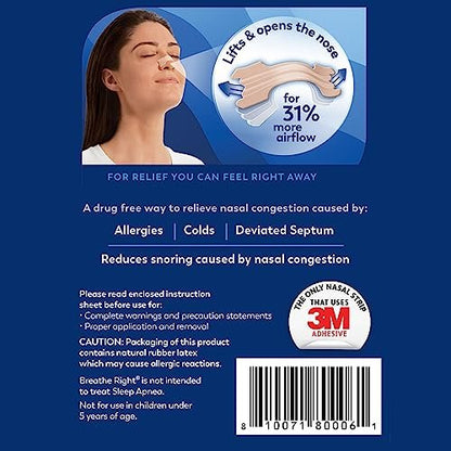 Breathe Right Nasal Strips, Extra Stark, beige Nasenpflaster, 44 Stück, medikamentenfreie Nasenatmungshilfe gegen Schnarchen, verstopfte Nase durch Erkältungen, Allergien und Nasenscheidewandverkrümmung
