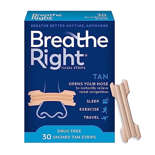 Breathe Right Nasal Strips Extra Stärke Tan Nasenpflaster, Medikamentenfreie Nasenentlastung für bessere Atmung, Hilft Schnarchen zu reduzieren, Verursacht durch Erkältungen & Allergien, Septumdeviation, Klein/Mittel