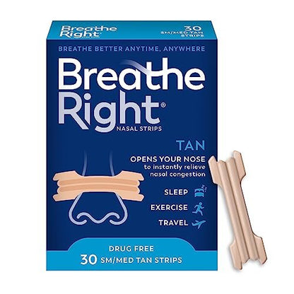 Breathe Right Nasal Strips Extra Stärke Tan Nasenpflaster, Medikamentenfreie Nasenentlastung für bessere Atmung, Hilft Schnarchen zu reduzieren, Verursacht durch Erkältungen & Allergien, Septumdeviation, Klein/Mittel