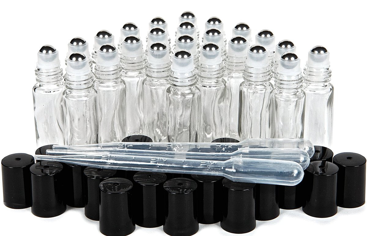 Vivaplex 24 klare Glas-Rollenflaschen 10 ml mit Edelstahl-Rollenkugeln – inklusive 3 Pipetten à 3 ml