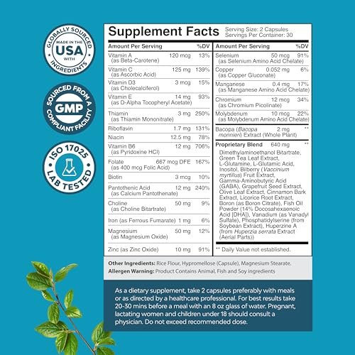Nootropisches Gehirn-Supplement für Gedächtnis und Fokus - Vitamine für geistige Unterstützung mit Bacopa Monnieri, Vitamin A, B6, Riboflavin, Niacin, Thiamin & Folsäure - Kognitiver Komplex - 60 Kapseln