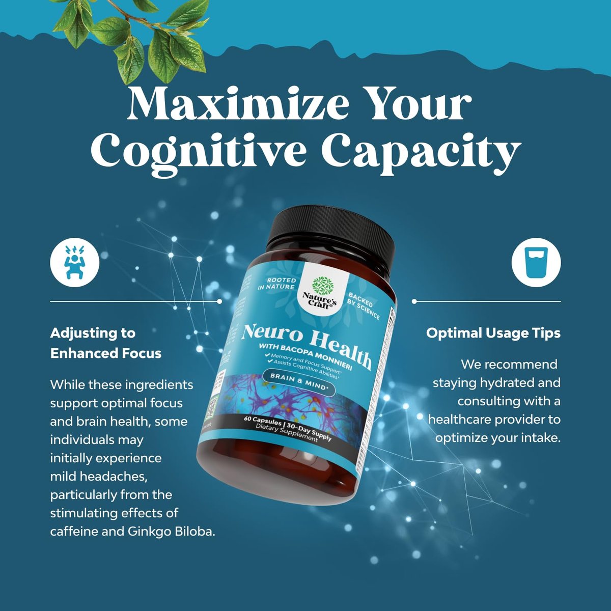 Nootropisches Gehirn-Supplement für Gedächtnis und Fokus - Vitamine für geistige Unterstützung mit Bacopa Monnieri, Vitamin A, B6, Riboflavin, Niacin, Thiamin & Folsäure - Kognitiver Komplex - 60 Kapseln