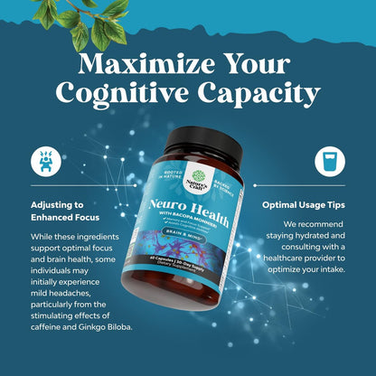 Nootropisches Gehirn-Supplement für Gedächtnis und Fokus - Vitamine für geistige Unterstützung mit Bacopa Monnieri, Vitamin A, B6, Riboflavin, Niacin, Thiamin & Folsäure - Kognitiver Komplex - 60 Kapseln
