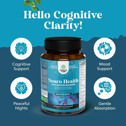Nootropisches Gehirn-Supplement für Gedächtnis und Fokus - Vitamine für geistige Unterstützung mit Bacopa Monnieri, Vitamin A, B6, Riboflavin, Niacin, Thiamin & Folsäure - Kognitiver Komplex - 60 Kapseln