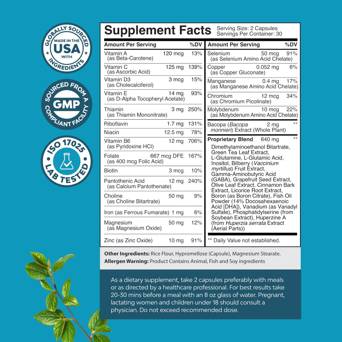 Nootropisches Gehirn-Supplement für Gedächtnis und Fokus - Vitamine für geistige Unterstützung mit Bacopa Monnieri, Vitamin A, B6, Riboflavin, Niacin, Thiamin & Folsäure - Kognitiver Komplex - 60 Kapseln