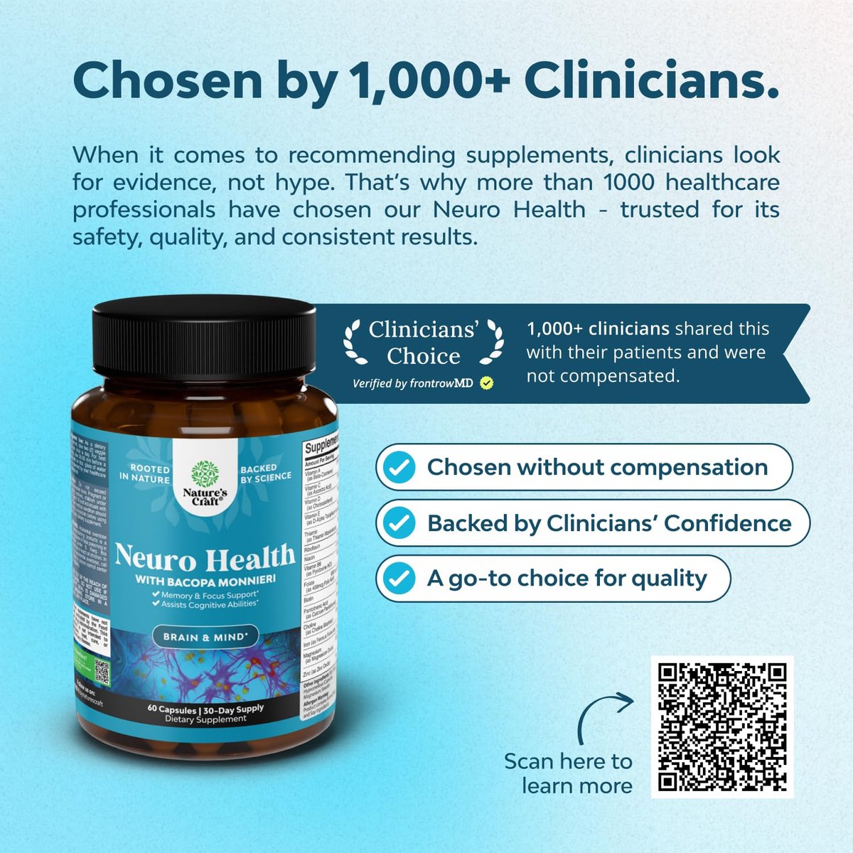 Nootropisches Gehirn-Supplement für Gedächtnis und Fokus - Vitamine für geistige Unterstützung mit Bacopa Monnieri, Vitamin A, B6, Riboflavin, Niacin, Thiamin & Folsäure - Kognitiver Komplex - 60 Kapseln