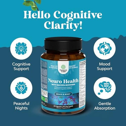 Nootropisches Gehirn-Supplement für Gedächtnis und Fokus - Vitamine für geistige Unterstützung mit Bacopa Monnieri, Vitamin A, B6, Riboflavin, Niacin, Thiamin & Folsäure - Kognitiver Komplex - 60 Kapseln