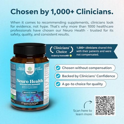 Nootropisches Gehirn-Supplement für Gedächtnis und Fokus - Vitamine für geistige Unterstützung mit Bacopa Monnieri, Vitamin A, B6, Riboflavin, Niacin, Thiamin & Folsäure - Kognitiver Komplex - 60 Kapseln