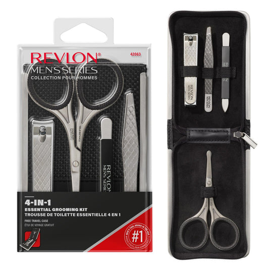 Revlon Herren Pflegeset, 5-teiliges Reise-Essentials-Set, inklusive Nagelknipser, Schere, Feile, Pinzette und Aufbewahrungsetui, Edelstahl, 1 Stück