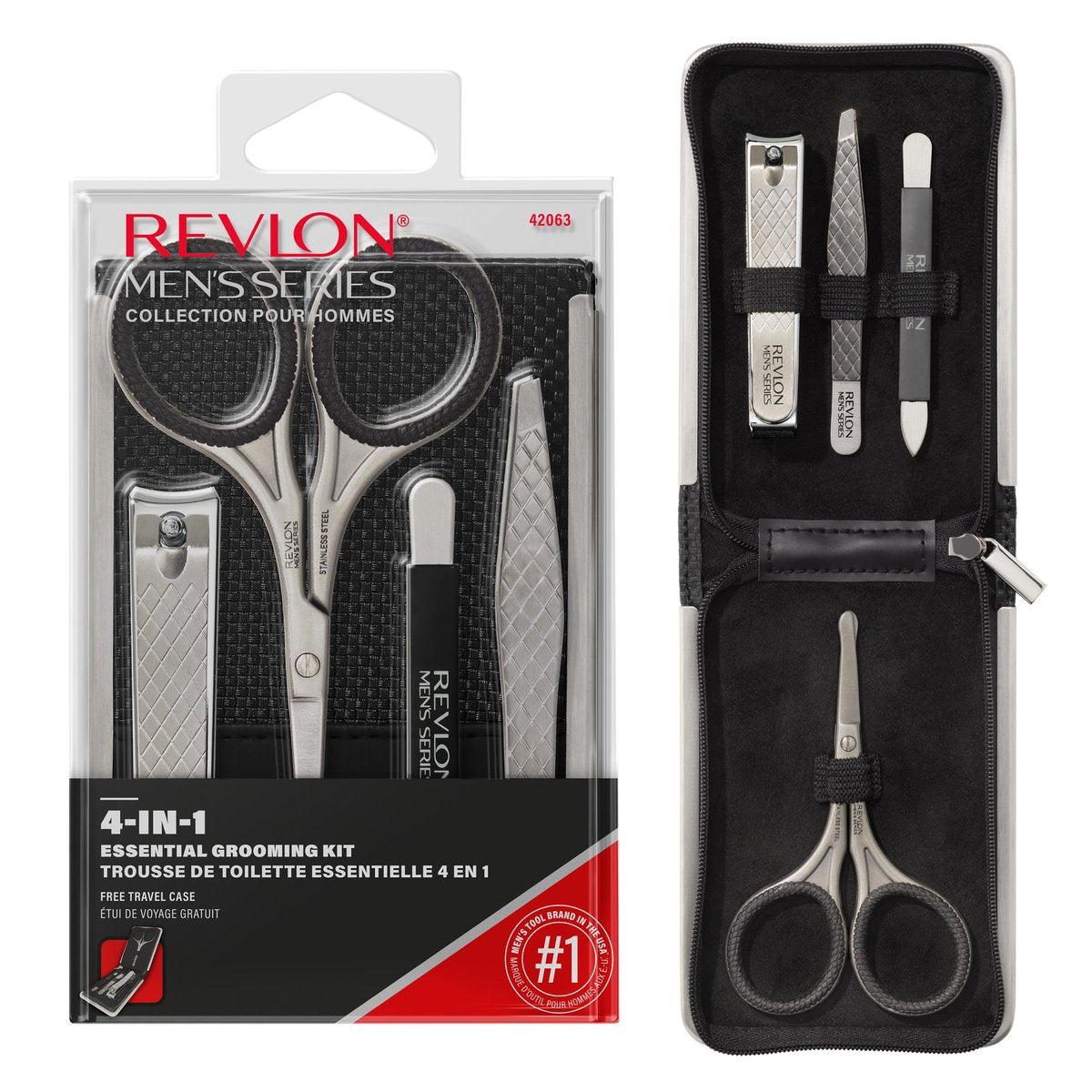 Revlon Herren Pflegeset, 5-teiliges Reise-Essentials-Set, inklusive Nagelknipser, Schere, Feile, Pinzette und Aufbewahrungsetui, Edelstahl, 1 Stück