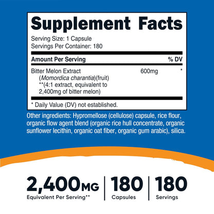 Nutricost Bitter Melon Extract 180 Kapseln – 180 Portionen pro Flasche – Momordica Charantia, vegan, glutenfrei und gentechnikfrei