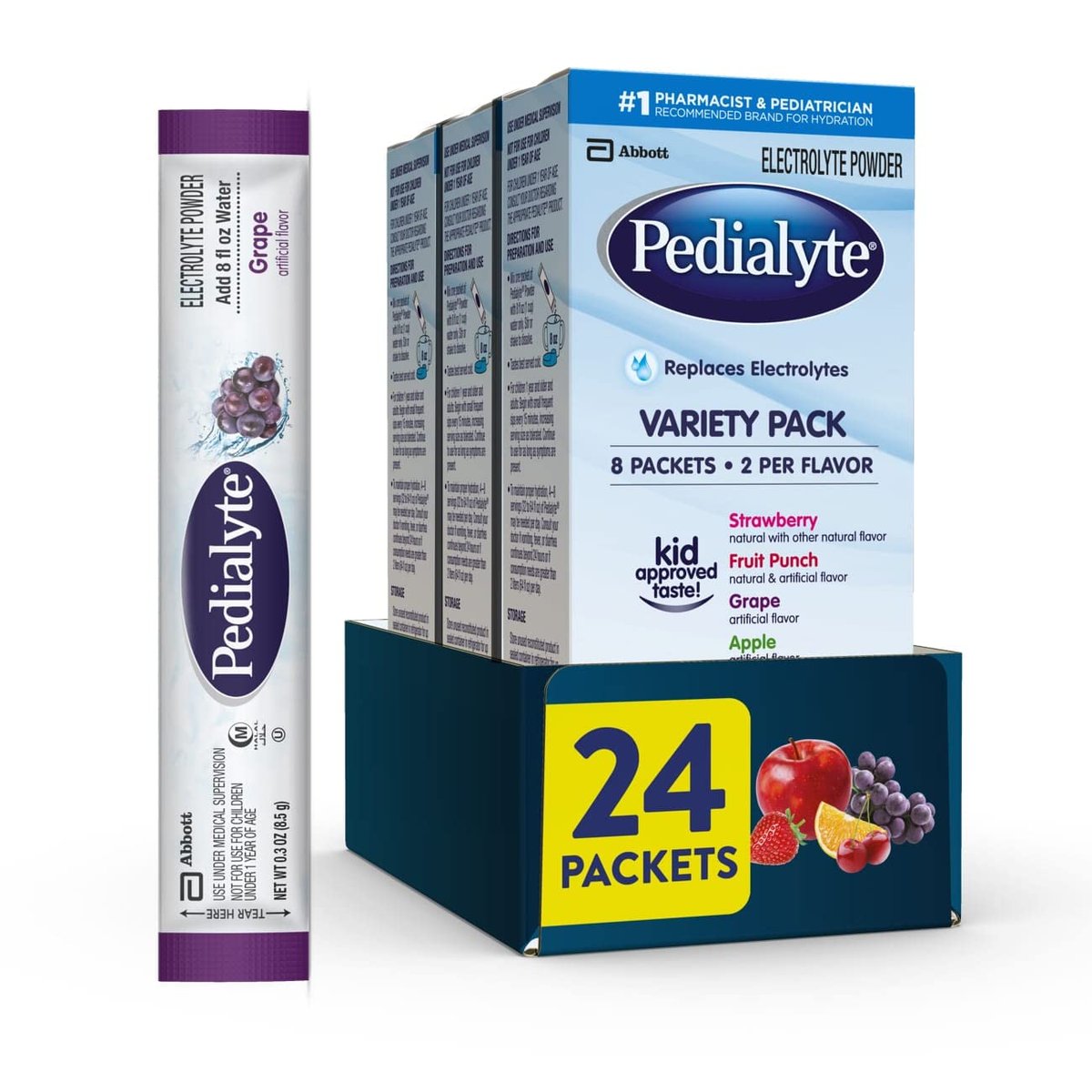 Pedialyte Elektrolyt-Pulver, Hydrationsgetränk für Kinder & Erwachsene, Sortenpaket: Erdbeere, Fruchtpunsch, Traube und Apfel, 24 Pulverbeutel