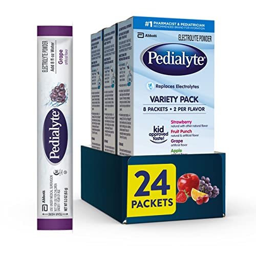 Pedialyte Elektrolyt-Pulver, Hydrationsgetränk für Kinder & Erwachsene, Sortenpaket: Erdbeere, Fruchtpunsch, Traube und Apfel, 24 Pulverbeutel