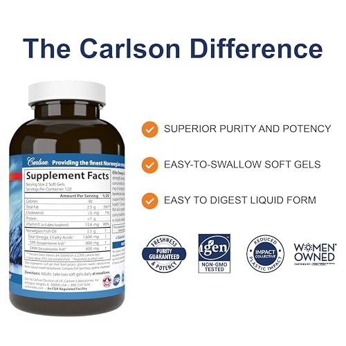 Carlson Elite Omega-3 Gems 1600 mg – Hochdosiertes Omega-3 aus nachhaltig gefangenem norwegischem Fischöl, mit EPA und DHA, Zitronengeschmack, 60 Softgels