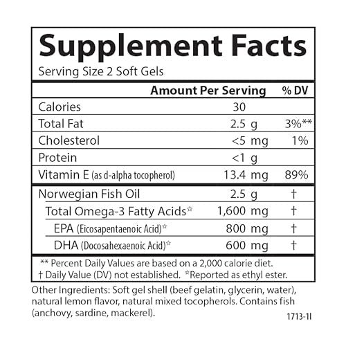 Carlson Elite Omega-3 Gems 1600 mg – Hochdosiertes Omega-3 aus nachhaltig gefangenem norwegischem Fischöl, mit EPA und DHA, Zitronengeschmack, 60 Softgels