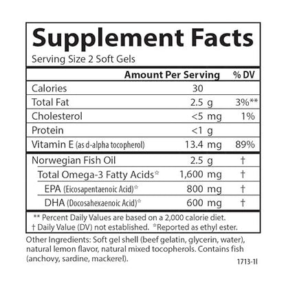 Carlson Elite Omega-3 Gems 1600 mg – Hochdosiertes Omega-3 aus nachhaltig gefangenem norwegischem Fischöl, mit EPA und DHA, Zitronengeschmack, 60 Softgels