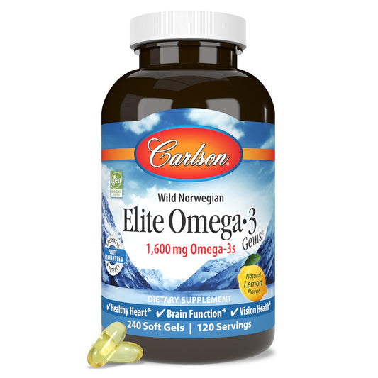 Carlson Elite Omega-3 Gems 1600 mg – Hochdosiertes Omega-3 aus nachhaltig gefangenem norwegischem Fischöl, mit EPA und DHA, Zitronengeschmack, 60 Softgels