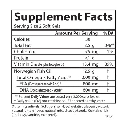 Carlson Elite Omega-3 Gems 1600 mg – Hochdosiertes Omega-3 aus nachhaltig gefangenem norwegischem Fischöl, mit EPA und DHA, Zitronengeschmack, 60 Softgels