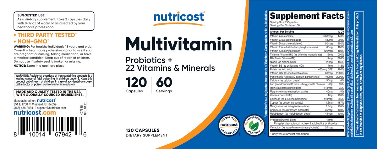 Nutricost Multivitamin mit Probiotika – 120 vegane Kapseln mit Vitaminen & Mineralstoffen