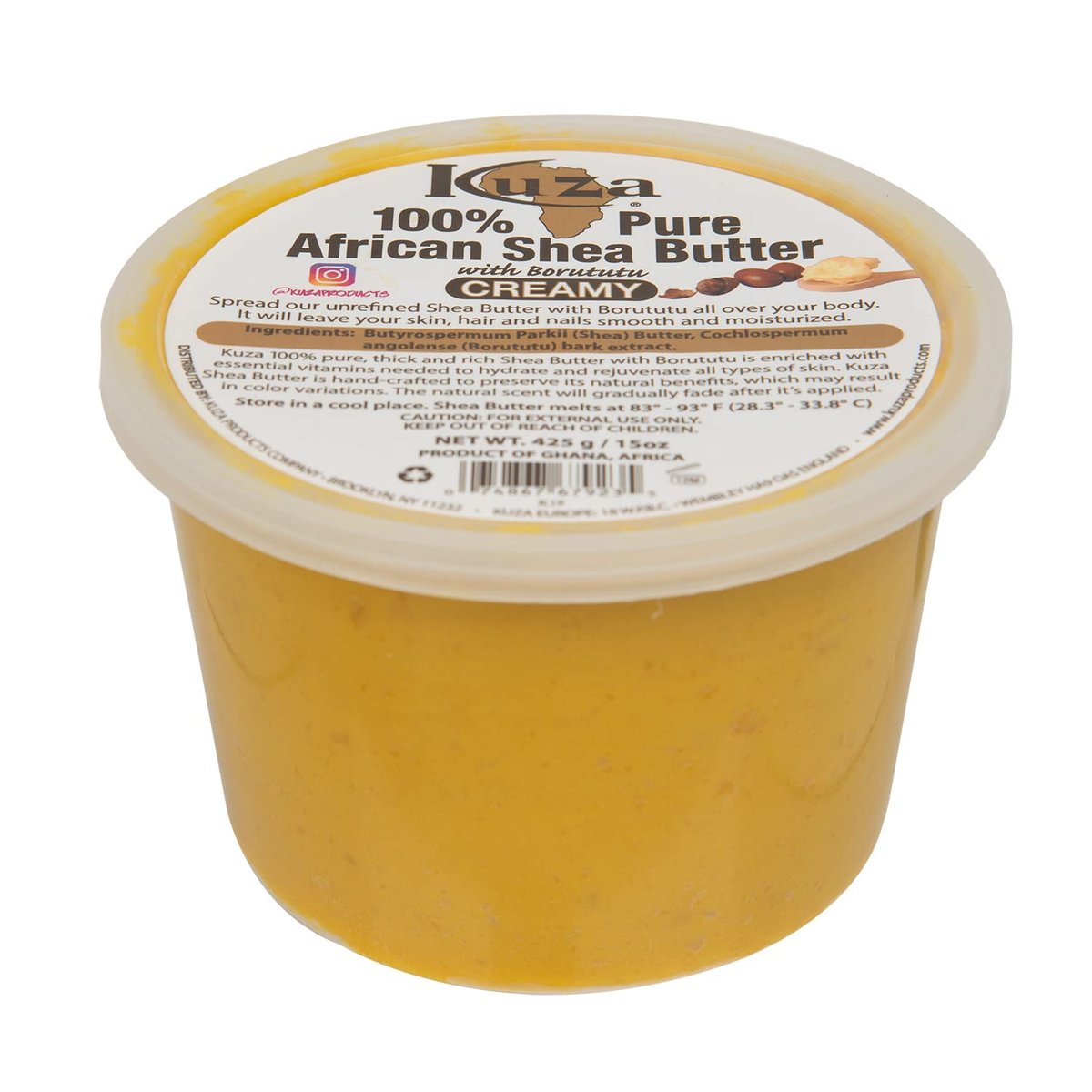 Kuza 100% Afrikanische Sheabutter mit Borututu - Cremig, Gelb - für Haut, Haare und Nägel, 425 g