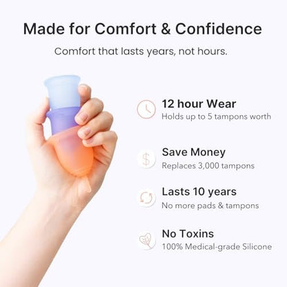 Lena Menstruationsbecher Original – Wiederverwendbare Menstruationstasse aus medizinischem Silikon, sanfter 12-Stunden-Schutz, auslaufsicher, anfängerfreundlich – klein, lila
