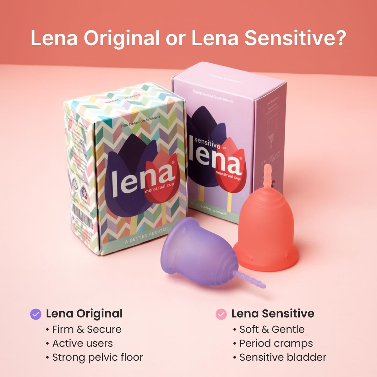 Lena Menstruationsbecher Original – Wiederverwendbare Menstruationstasse aus medizinischem Silikon, sanfter 12-Stunden-Schutz, auslaufsicher, anfängerfreundlich – klein, lila