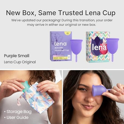 Lena Menstruationsbecher Original – Wiederverwendbare Menstruationstasse aus medizinischem Silikon, sanfter 12-Stunden-Schutz, auslaufsicher, anfängerfreundlich – klein, lila