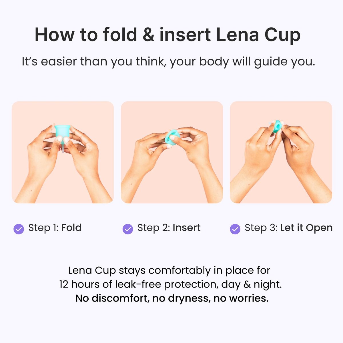 Lena Menstruationsbecher Original – Wiederverwendbare Menstruationstasse aus medizinischem Silikon, sanfter 12-Stunden-Schutz, auslaufsicher, anfängerfreundlich – klein, lila