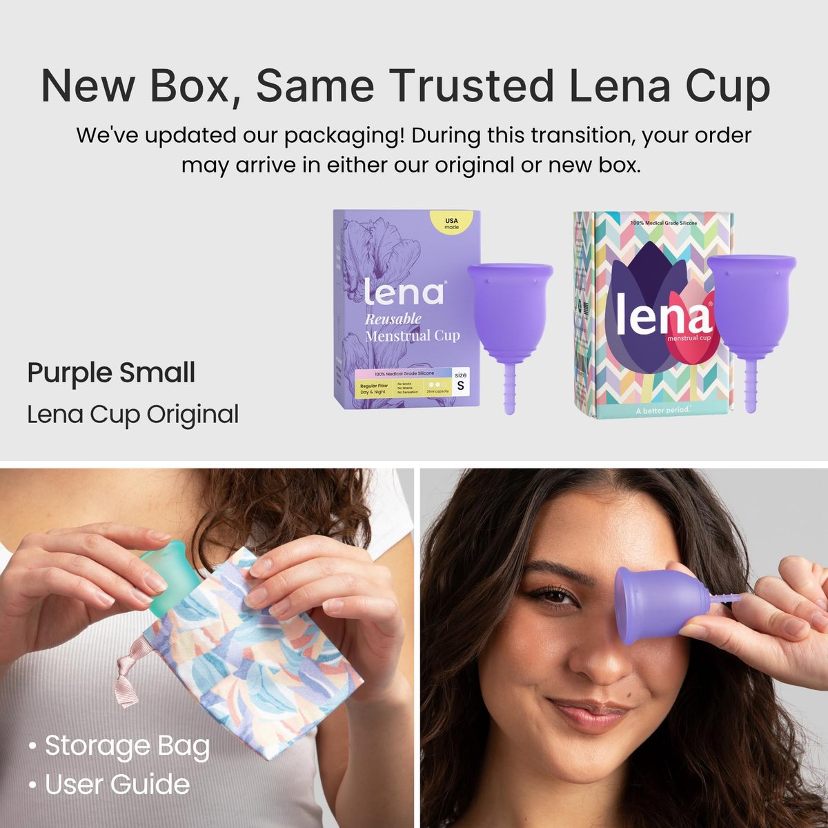 Lena Menstruationsbecher Original – Wiederverwendbare Menstruationstasse aus medizinischem Silikon, sanfter 12-Stunden-Schutz, auslaufsicher, anfängerfreundlich – klein, lila